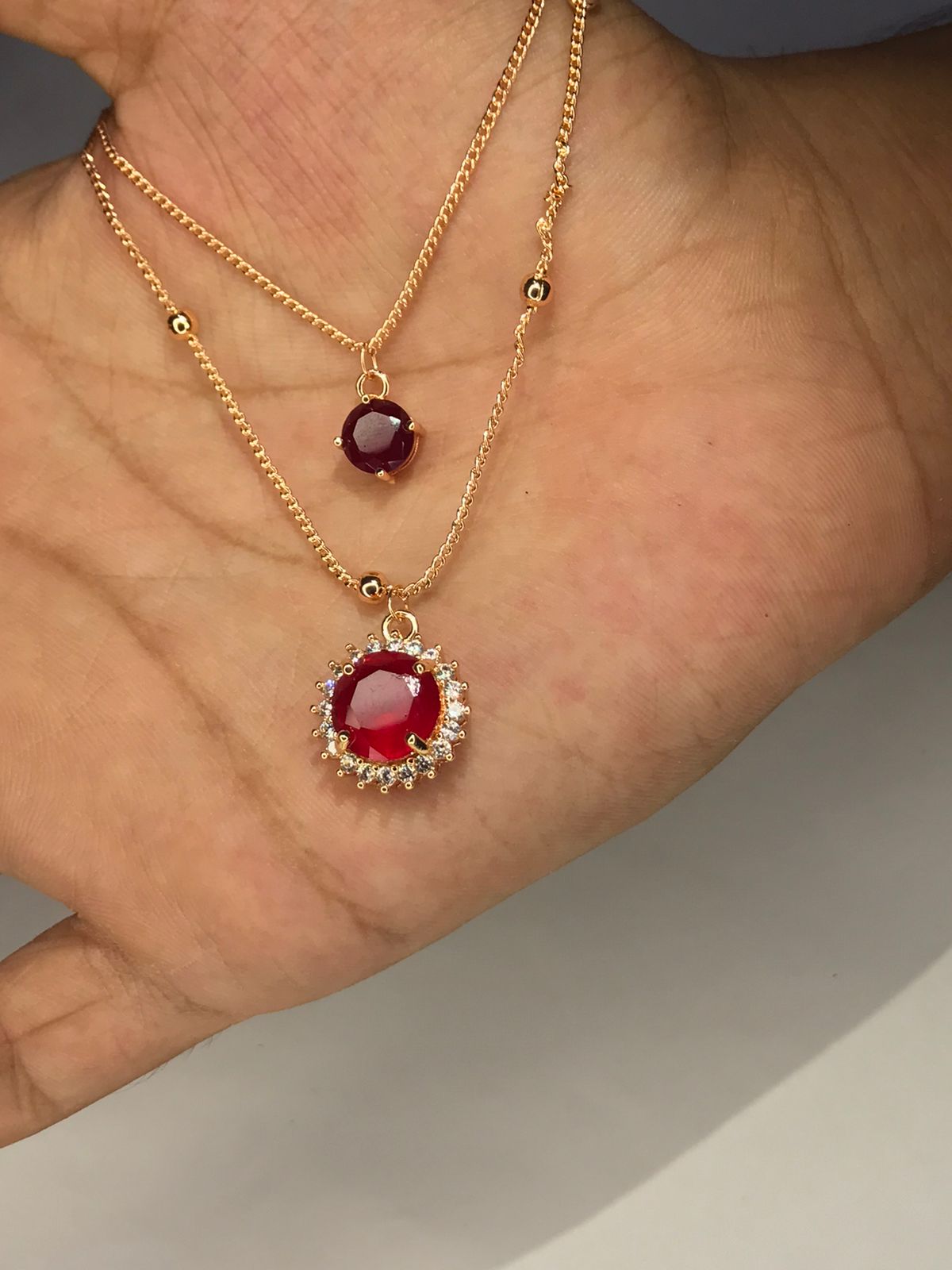 Gold Ruby Pendant Necklace with Diamond Halo