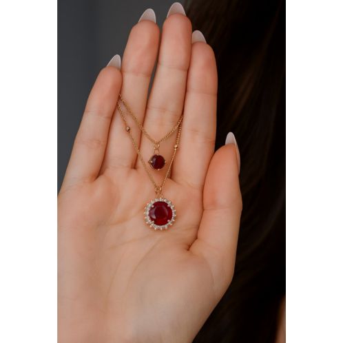 Gold Ruby Pendant Necklace with Diamond Halo