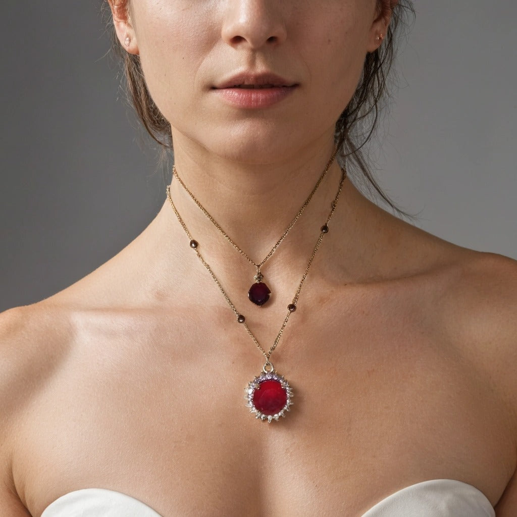 Gold Ruby Pendant Necklace with Diamond Halo