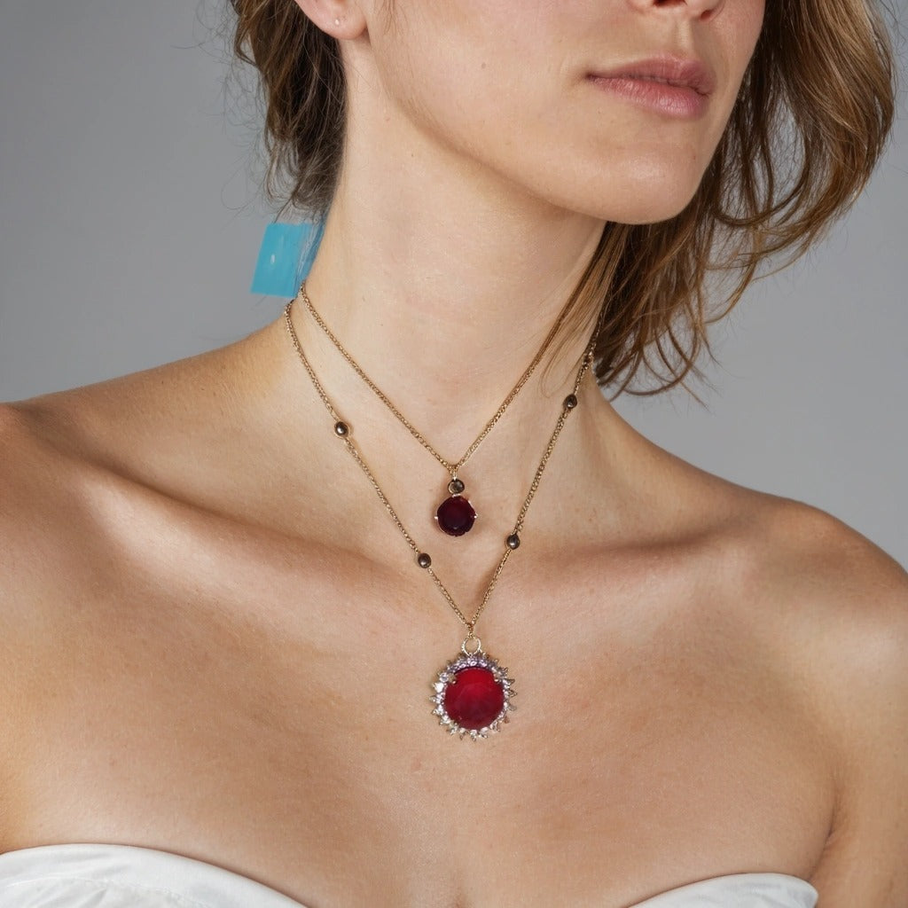 Gold Ruby Pendant Necklace with Diamond Halo